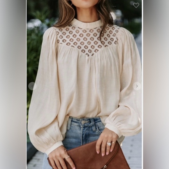 Vici Tops - Vici Cream Blouse with Crochet Detail